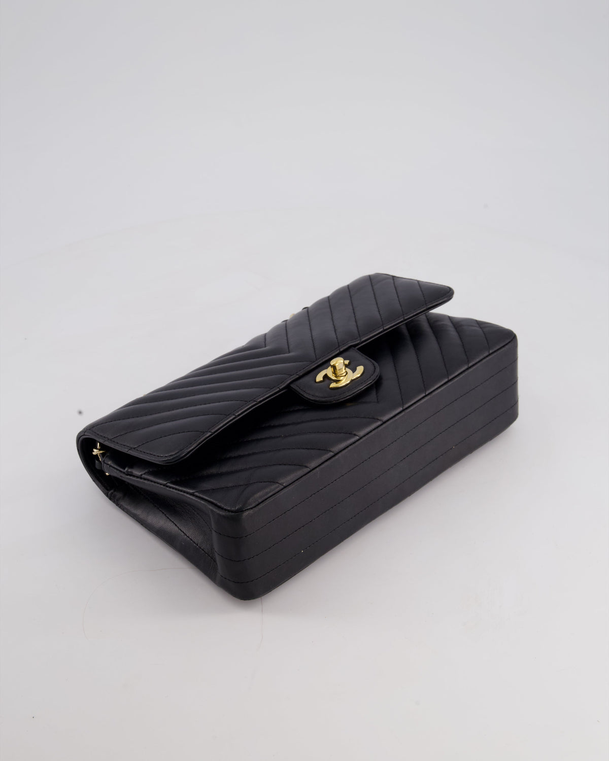Chanel Black Chevron Medium Classic Double Flap Bag in Lambskin Leather with Gold Hardware