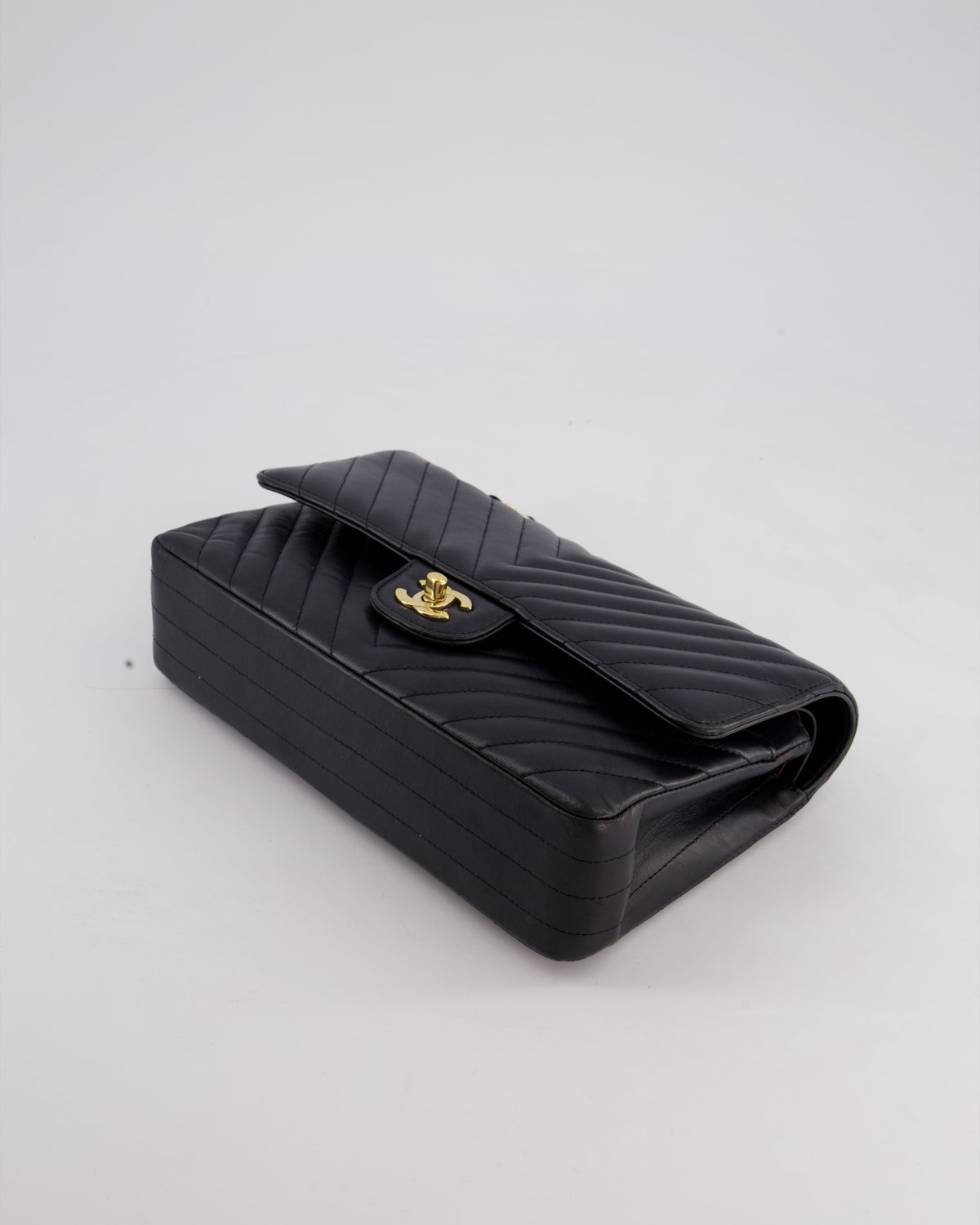 Chanel Black Chevron Medium Classic Double Flap Bag in Lambskin Leather with Gold Hardware