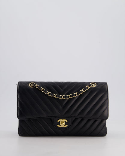 Chanel Black Chevron Medium Classic Double Flap Bag in Lambskin Leather with Gold Hardware