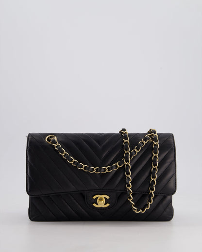 Chanel Black Chevron Medium Classic Double Flap Bag in Lambskin Leather with Gold Hardware