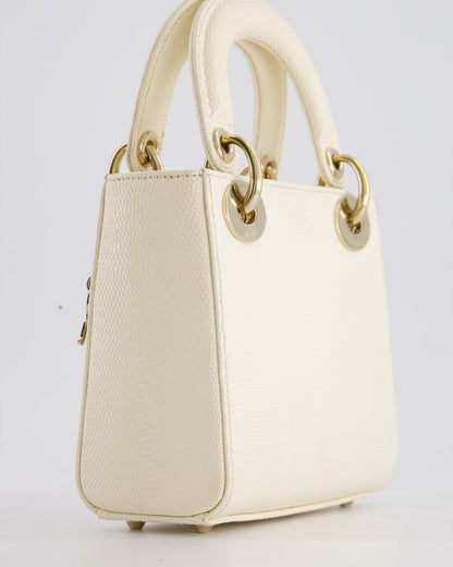 Christian Dior White Lizard Mini Lady Dior Bag with Gold Hardware