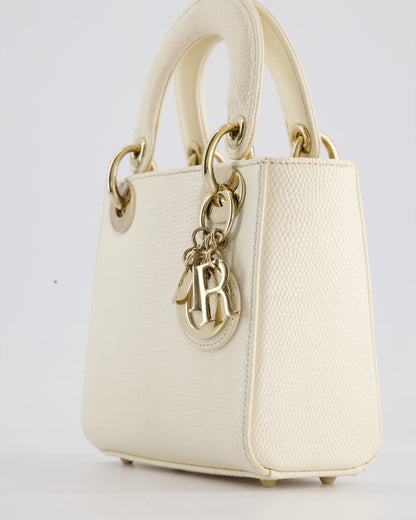 Christian Dior White Lizard Mini Lady Dior Bag with Gold Hardware