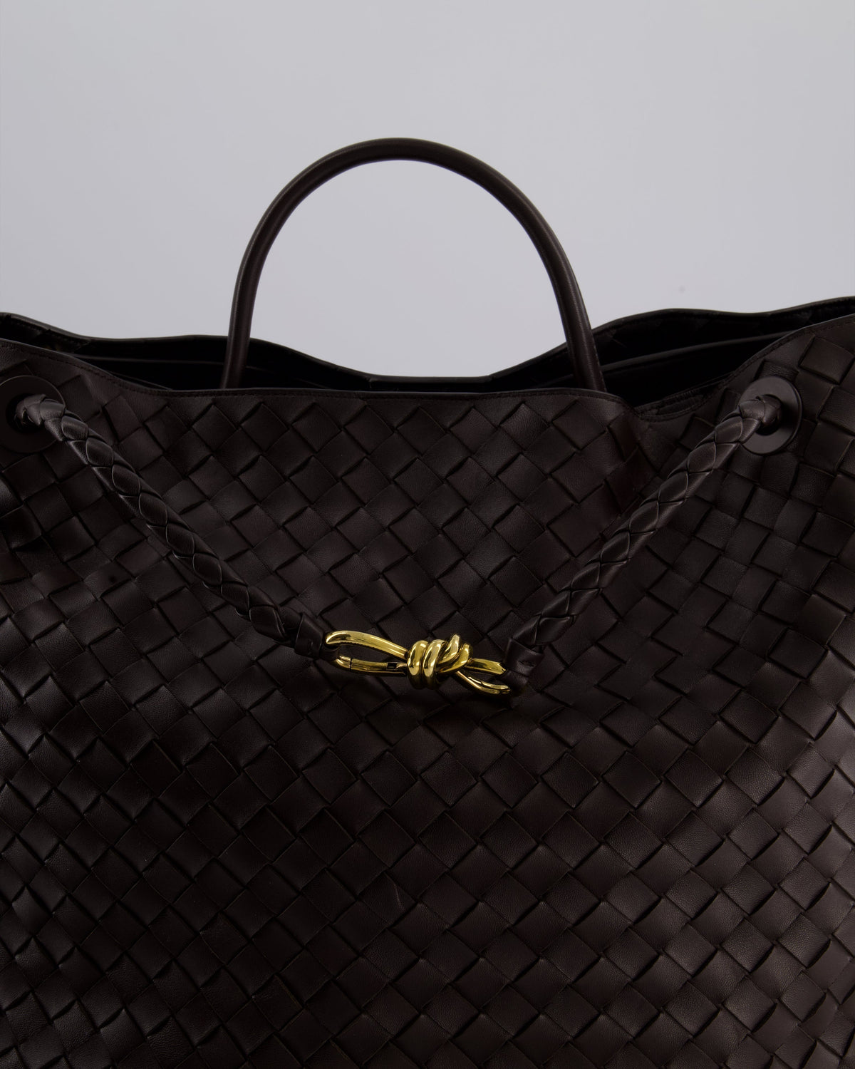 Bottega Veneta Brown Andiamo Large Intrecciato Leather Top Handle Bag with Sliding Cross-Body and Gold Knot Hardware RRP £6,090