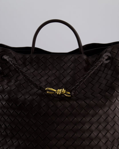 Bottega Veneta Brown Andiamo Large Intrecciato Leather Top Handle Bag with Sliding Cross-Body and Gold Knot Hardware RRP £6,090