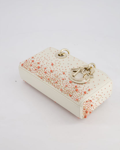 Christian Dior White Coral Embroidery Gradient Lady D-Joy Bag with Gold Hardware
