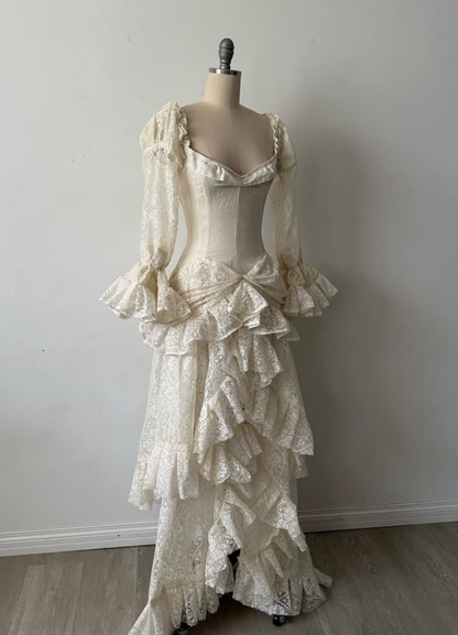 Vintage Apricot A Line Long Sleeve Layered Lace  Long Prom Dress Party Dress SH5536