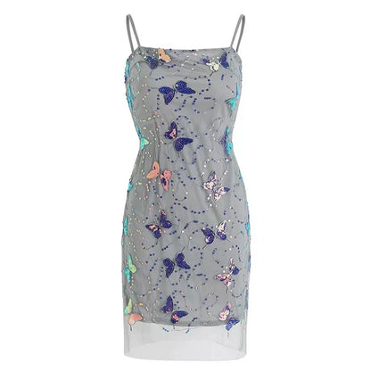 Elegant Sparkling Light Blue Spaghetti Strap Sequin Butterfly Design Sheath Chiffon Party Dress Homecoming Dress D1564