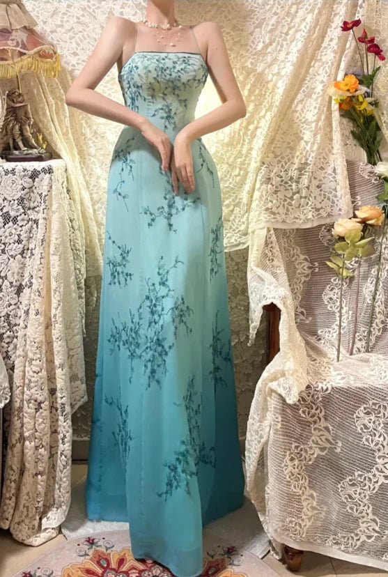 Vintage Blue Ombre A Line Spaghetti Straps Beaded Chiffon Open Back Prom Dress Evening Dress SH3785