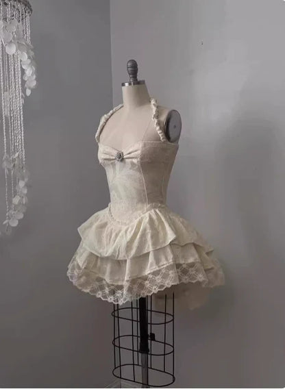 Vintage Beige Sweetheart Applique A-Line Elegant Tiered Homecoming Dress Party Dress Prom Dresses D1618