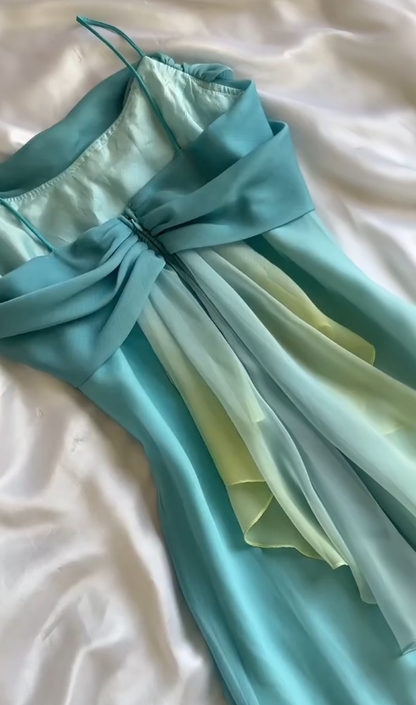 Vintage Blue Green Ombre A Line Straps Chiffon Long Prom Dress Wedding Guest Dress SH5457
