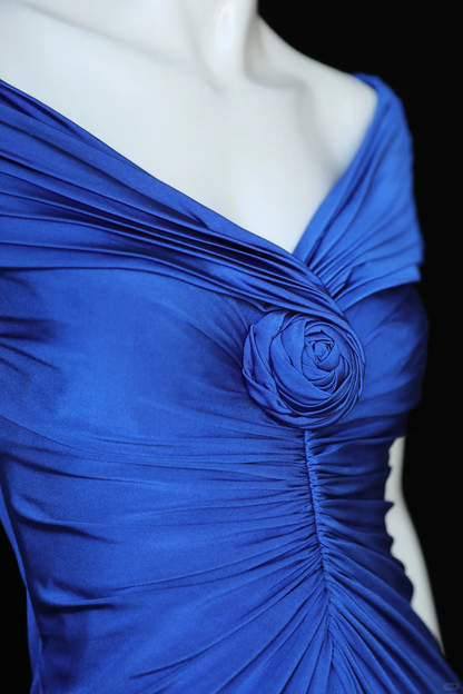 Vintage Blue A Line Off the Shoulder Pleated Satin Prom Dress Evening Dress SH5128