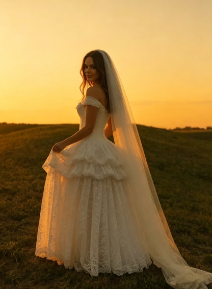 Vintage A Line Off the Shoulder White Lace Prom Dress Wedding Dress SH5325