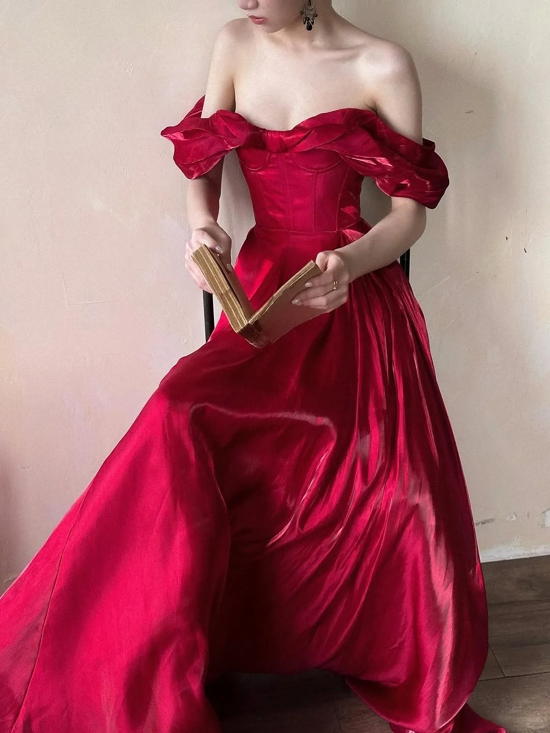 Stunning Burgundy A Line Off the Shoulder Satin Long Prom Dress Party Dress Outfits SH4964