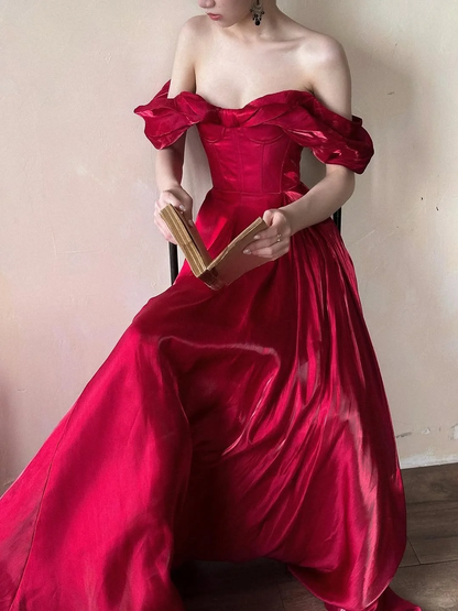 Stunning Burgundy A Line Off the Shoulder Satin Long Prom Dress Party Dress Outfits SH4964