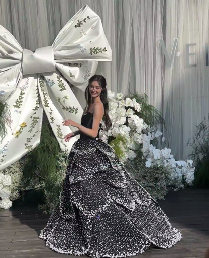Stunning Ball Gown Strapless Layered Pearl Black Satin Prom Dress 18th Birthday Dress SH4925