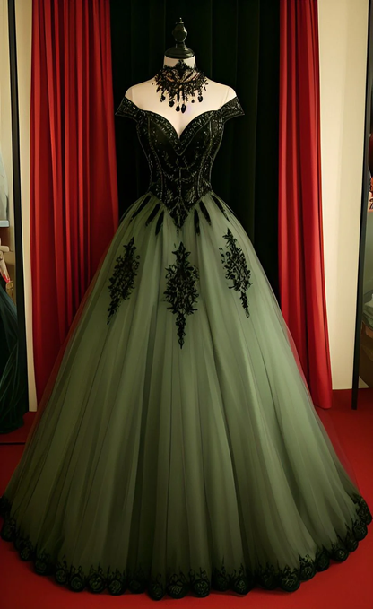 Green Gothic A-Line Tulle Off Shoulder Long Formal Prom Dress MD7173