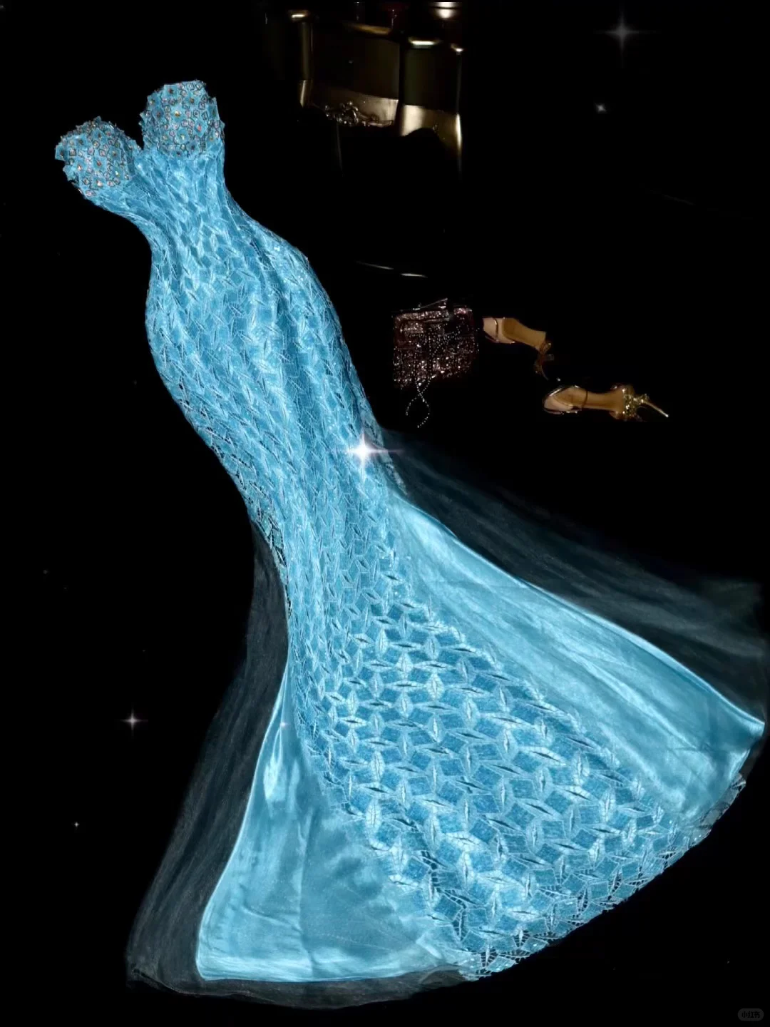 Vintage Blue Mermaid Beaded Lace Satin Prom Dress Party Evening Dress SH5897