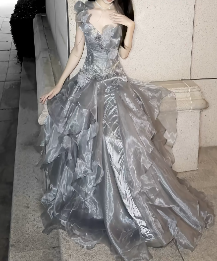 Stunning Grey Ball Gown Off the Shoulder Beaded Organza Satin Prom Dress Party Dress SH5026