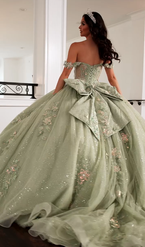 Sweety Green Ball Gown Applique Sequin Tulle Satin Long Prom Dress Quinceanera Dress SH5168