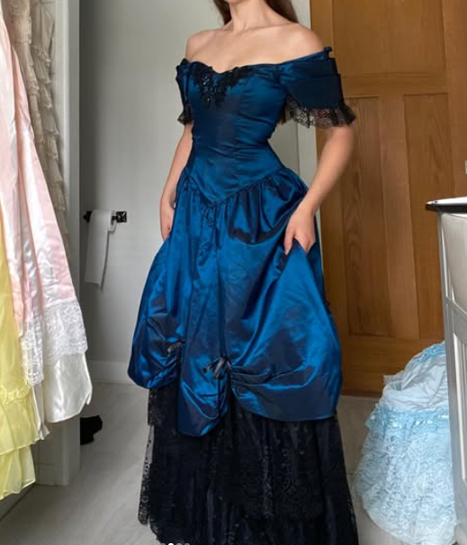 Vintage A Line Blue Satin Black Lace Prom Dress Evening Dress SH5901