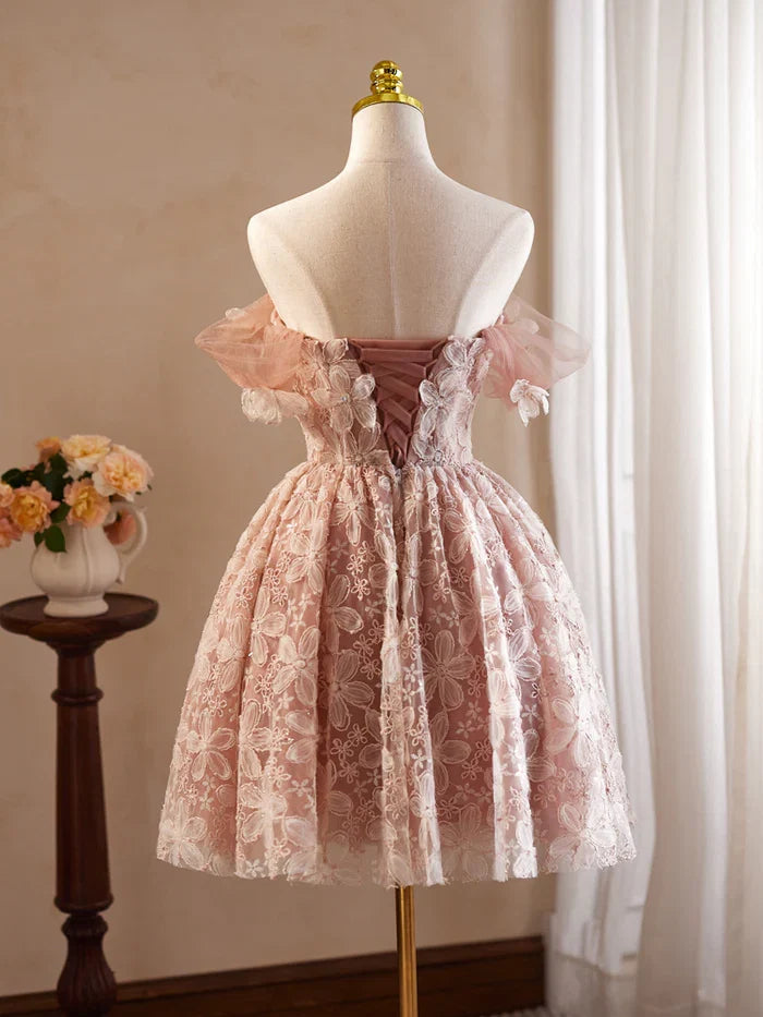 Vintage Pink 3D Flower Design A-line Off-the-shoulder Homecoming Dress , D1358