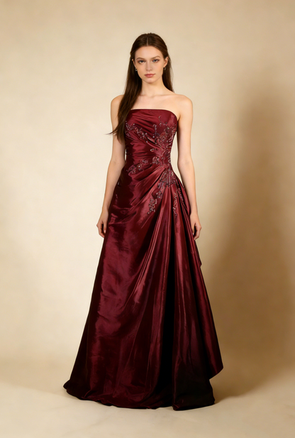 A-Line Navy Blue Strapless Satin Beading Vintage Long Party Dress Evening Dress, D790