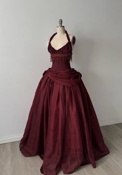 Vintage Burgundy Halter Beaded Satin Long Prom Dress Party Dress SH5531