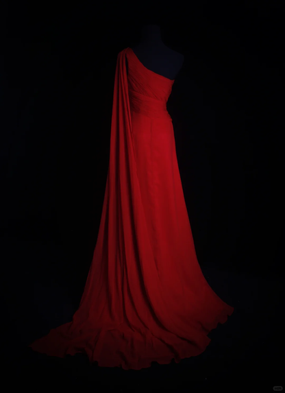 Vintage A Line One Shoulder Appliques Red Chiffon Prom Dress Wedding Guest Dress SH5335