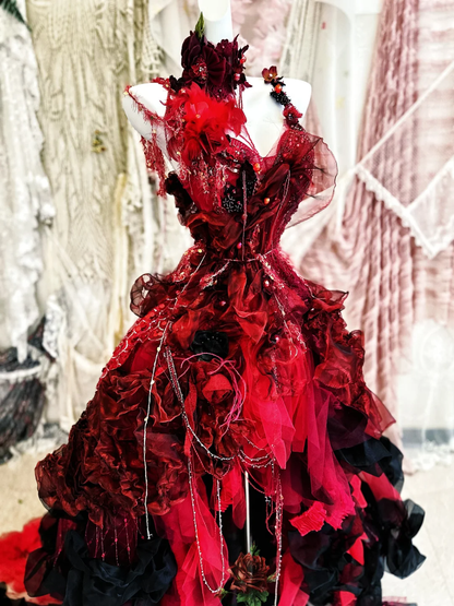 Stunning Burgundy Ball Gown Spaghetti Strap Floral Beaded Tulle Prom Dress 16th Birthday Dress SH4262