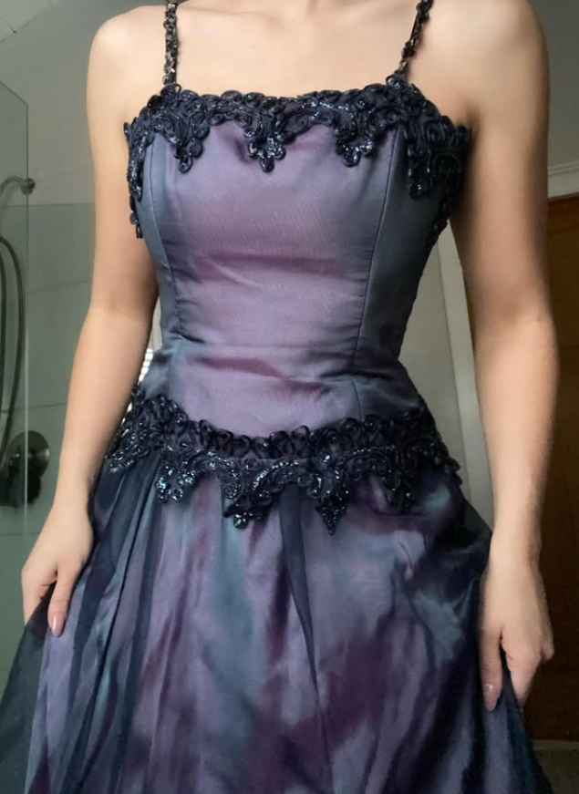 Vintage Dark Purple A Line Straps Beaded Satin Tulle Prom Dress Evening Dress SH5912