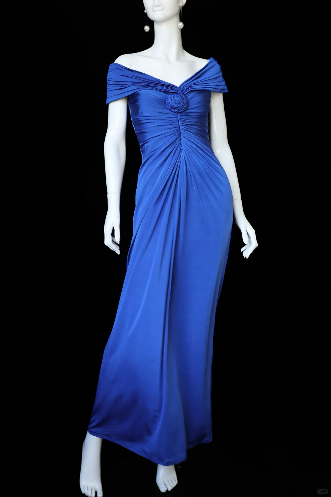 Vintage Blue A Line Off the Shoulder Pleated Satin Prom Dress Evening Dress SH5128