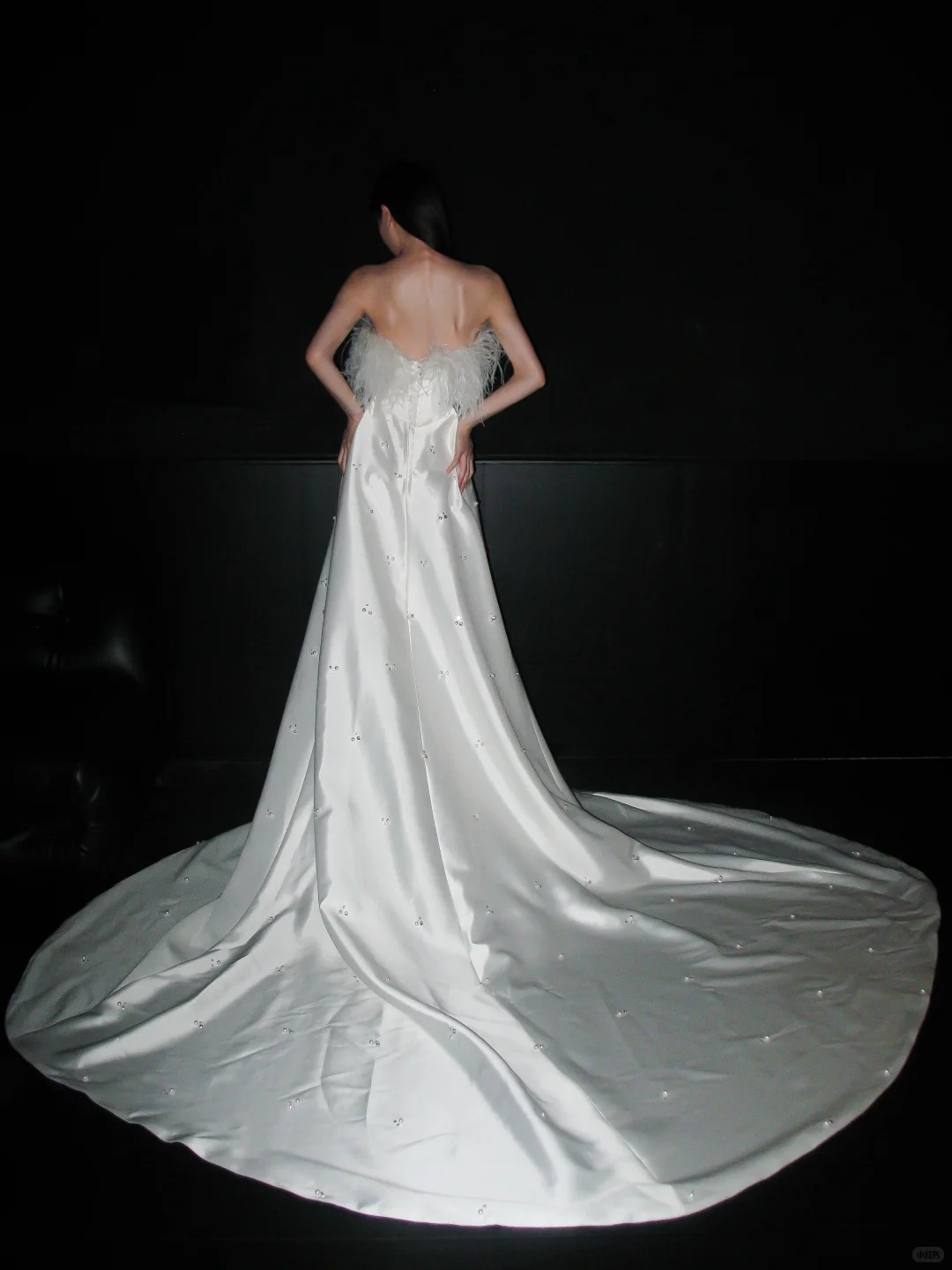 Sweety A Line Strapless White Feather Beaded Satin Long Wedding Dress SH5974