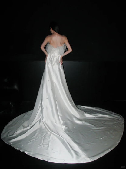 Sweety A Line Strapless White Feather Beaded Satin Long Wedding Dress SH5974