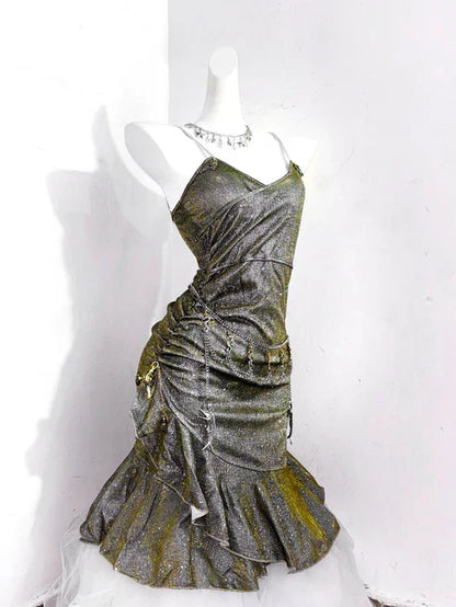 Vintage Green Spaghetti Strap Ruffled Hem Hem Short 16th Birthday Party Dress Homecoming Dress D1530