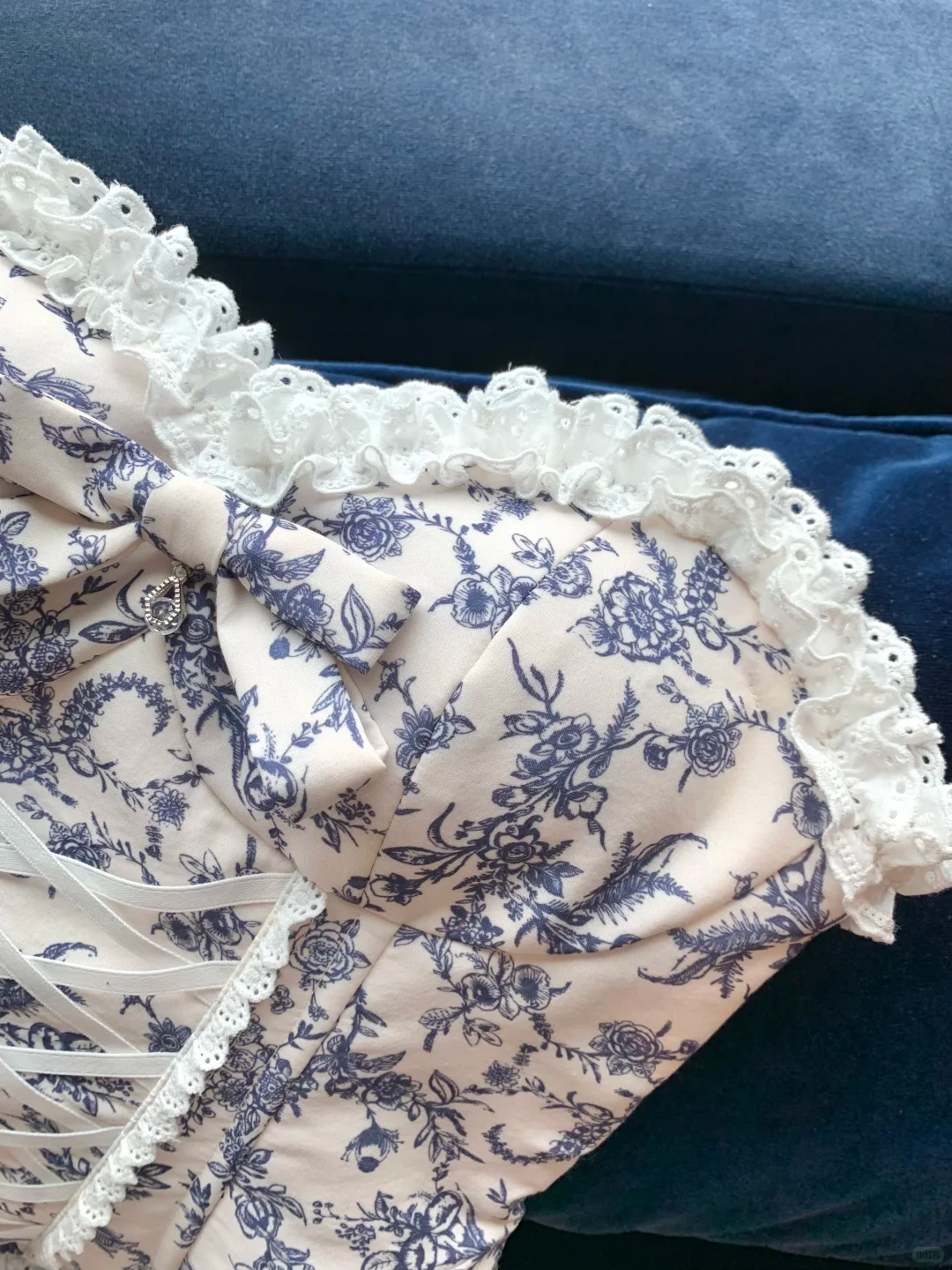 Two Piece Sheath Strapless Blue Print Floral Satin Short Prom Dress Homecoming Dress SH5839
