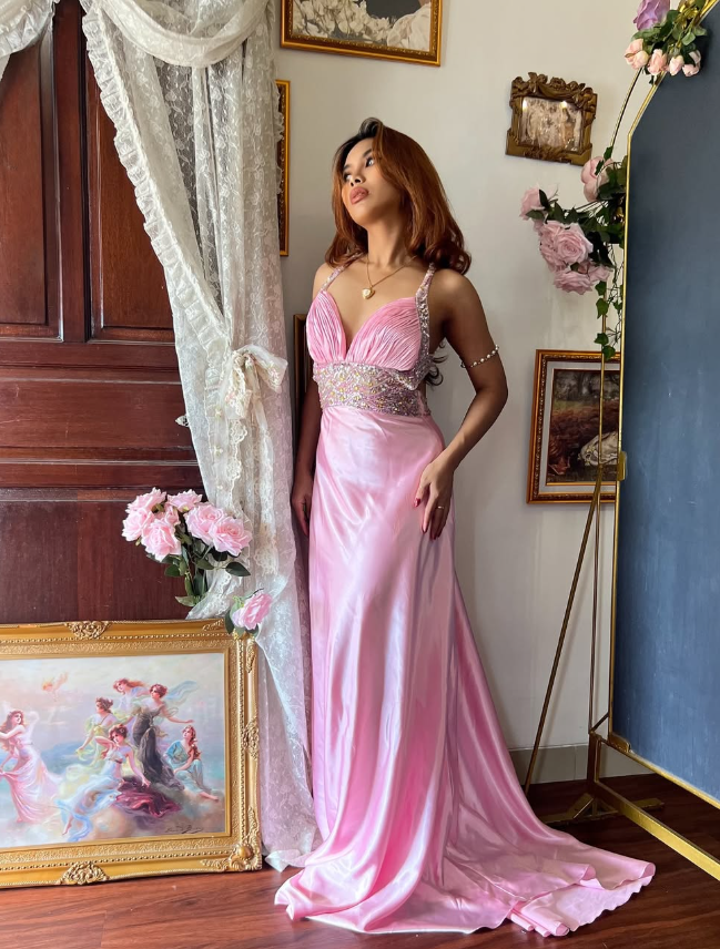 Stunning Pink A Line Halter Beaded Satin Backless Long Prom Dress Graduation Prom Dress SH5487
