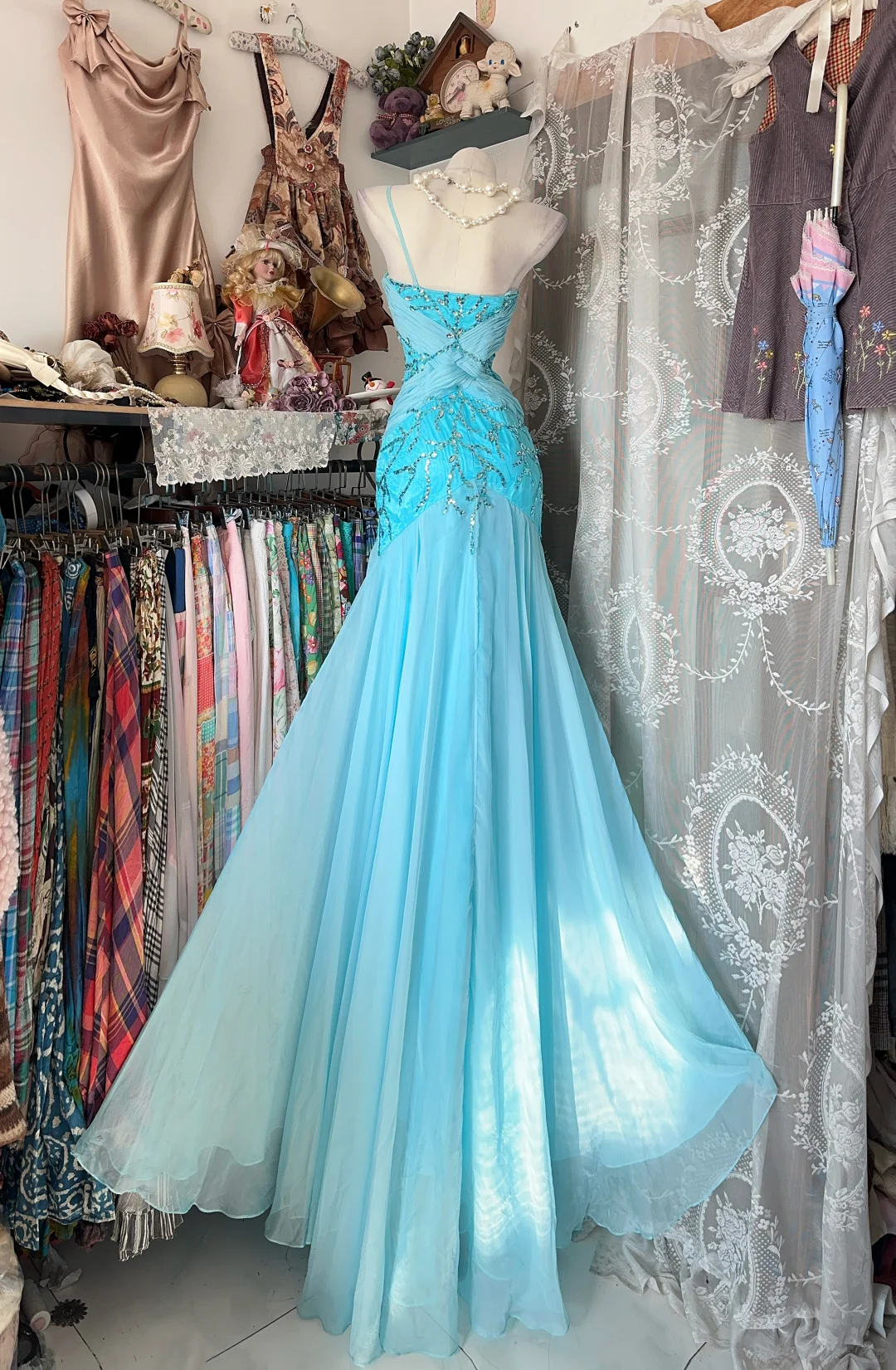 Vintage Blue Mermaid Sweetheart Neck Beaded Chiffon Satin Long Prom Dress SH5242