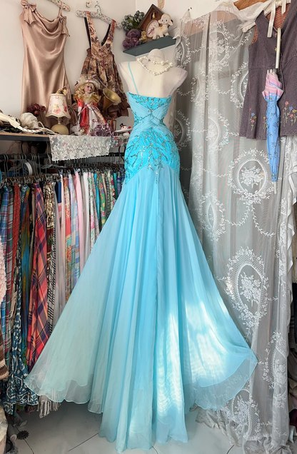 Vintage Blue Mermaid Sweetheart Neck Beaded Chiffon Satin Long Prom Dress SH5242