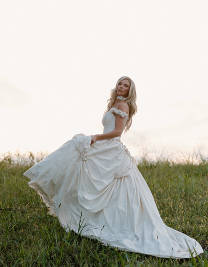 Vintage Ball Gown Off the Shoulder 3D Flower White Satin Wedding Dress SH6081