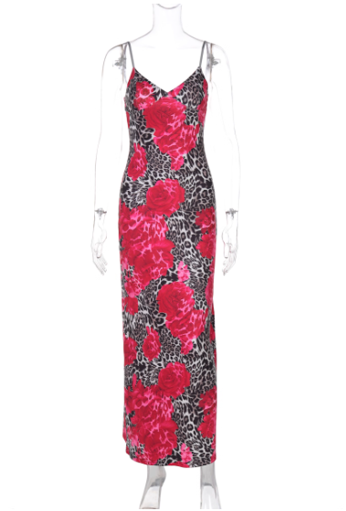 Fashion Spaghetti Straps Blue Rose Leopard Print Sheath Seaside Vacation Dress Summer Dress  D1815