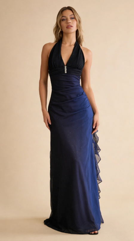 Navy Blue V Neck Ombre Sheath Chiffon Vintage Long Evening Party Dress, D648