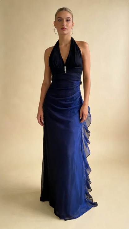 Navy Blue V Neck Ombre Sheath Chiffon Vintage Long Evening Party Dress, D648