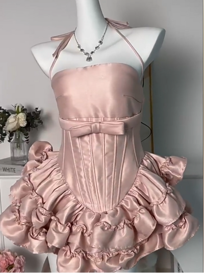 Sweet Homecoming Dress Strapless Cascade Bowknot Flouncing Short Prom Dress Back to School Outfits Party Dress  D6079
