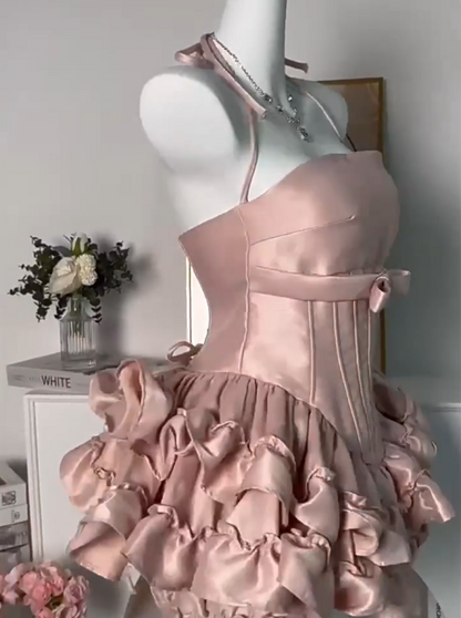 Sweet Homecoming Dress Strapless Cascade Bowknot Flouncing Short Prom Dress Back to School Outfits Party Dress  D6079