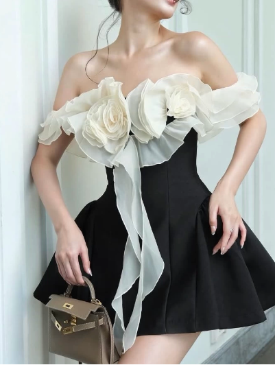 Charming Homecoming Dress Strapless Flower Prom Dress Back to School Outfits Party Dress  D6197