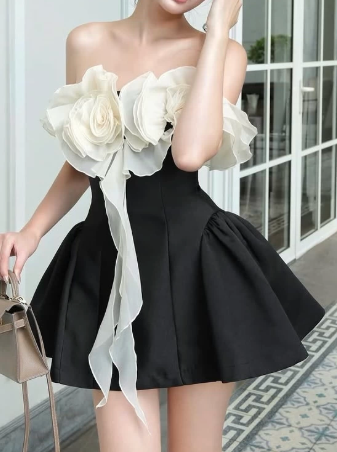 Charming Homecoming Dress Strapless Flower Prom Dress Back to School Outfits Party Dress  D6197