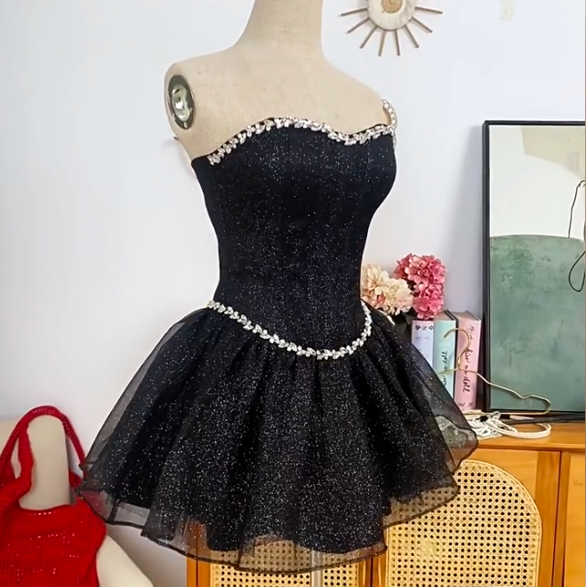 Charming Homecoming Dress Sweetheart Rinestone Tulle Prom Dress Back to School Outfits Party Dress  D6198
