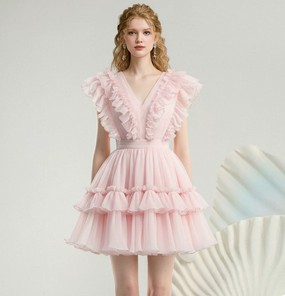 Sweet Homecoming Dress V Neck Lace Cascade Prom Dress Back to School Outfits Party Dress  D6239