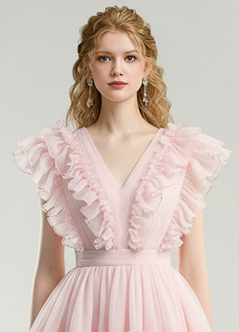 Sweet Homecoming Dress V Neck Lace Cascade Prom Dress Back to School Outfits Party Dress  D6239