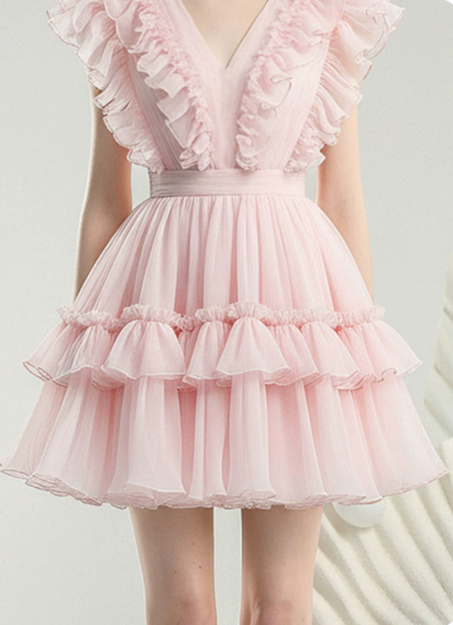 Sweet Homecoming Dress V Neck Lace Cascade Prom Dress Back to School Outfits Party Dress  D6239